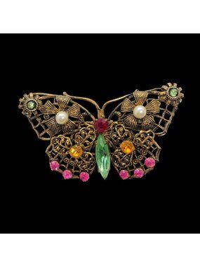 Vtg Czechoslovakia Brass Filigree Butterfly Flower Brooch w/Rhinestones